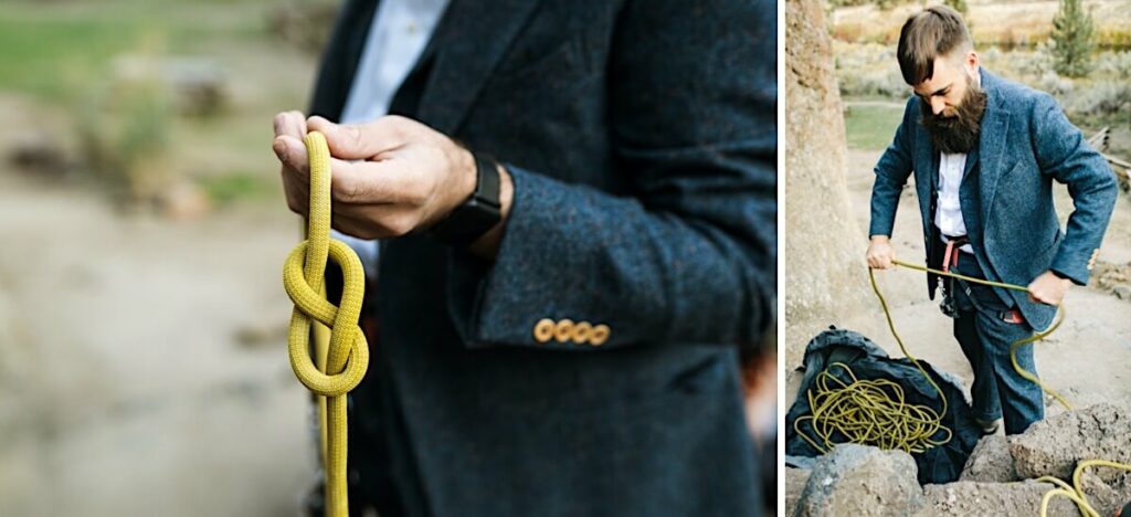 Groom holds rope. Picture of climbing knot. 