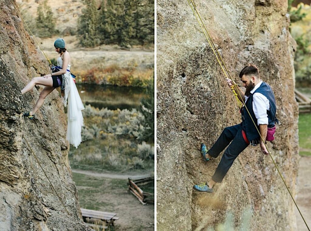 Two pictures of bride and groom mid-climb.