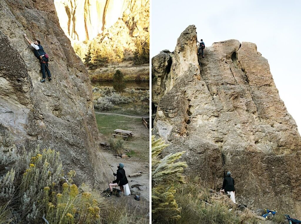 Two vertical pictures of groom in suit climbing rock. Second picture groom is at the top of the route. 