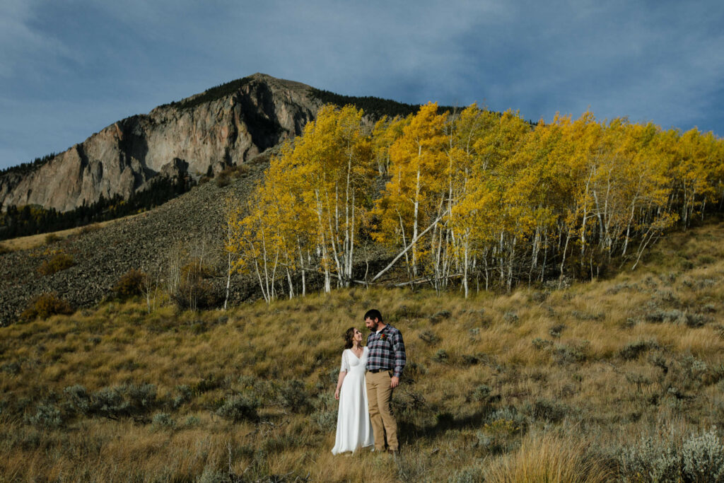 Mt Crested Butte, fall colors and a casual outdoor couple.