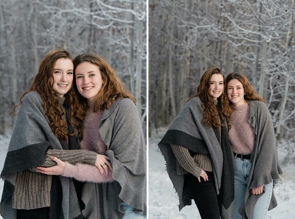 Two images side by side of two sisters smiling.