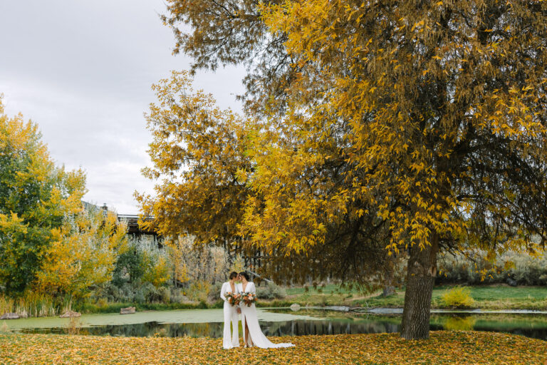 Two women kiss under a yellow tree with golden leaves covering the grass.