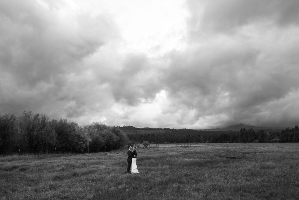 Moody black and white image of the newly wed couple at a distance in an open field surround by shrubs and heavy cloud coverage.