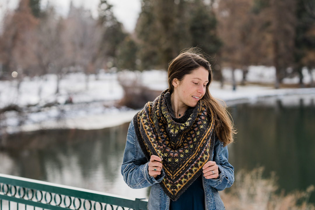 Woman modeling at Drake Park during winter.