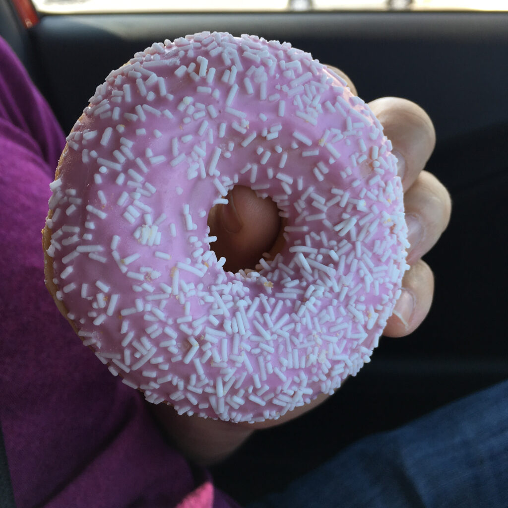 Picture of a gluten free donut with pink frosting and white sprinkles being held. 
